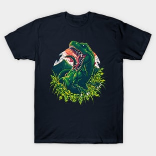 Savage Power: Roaring Dinosaur Emerging from the Grass T-Shirt